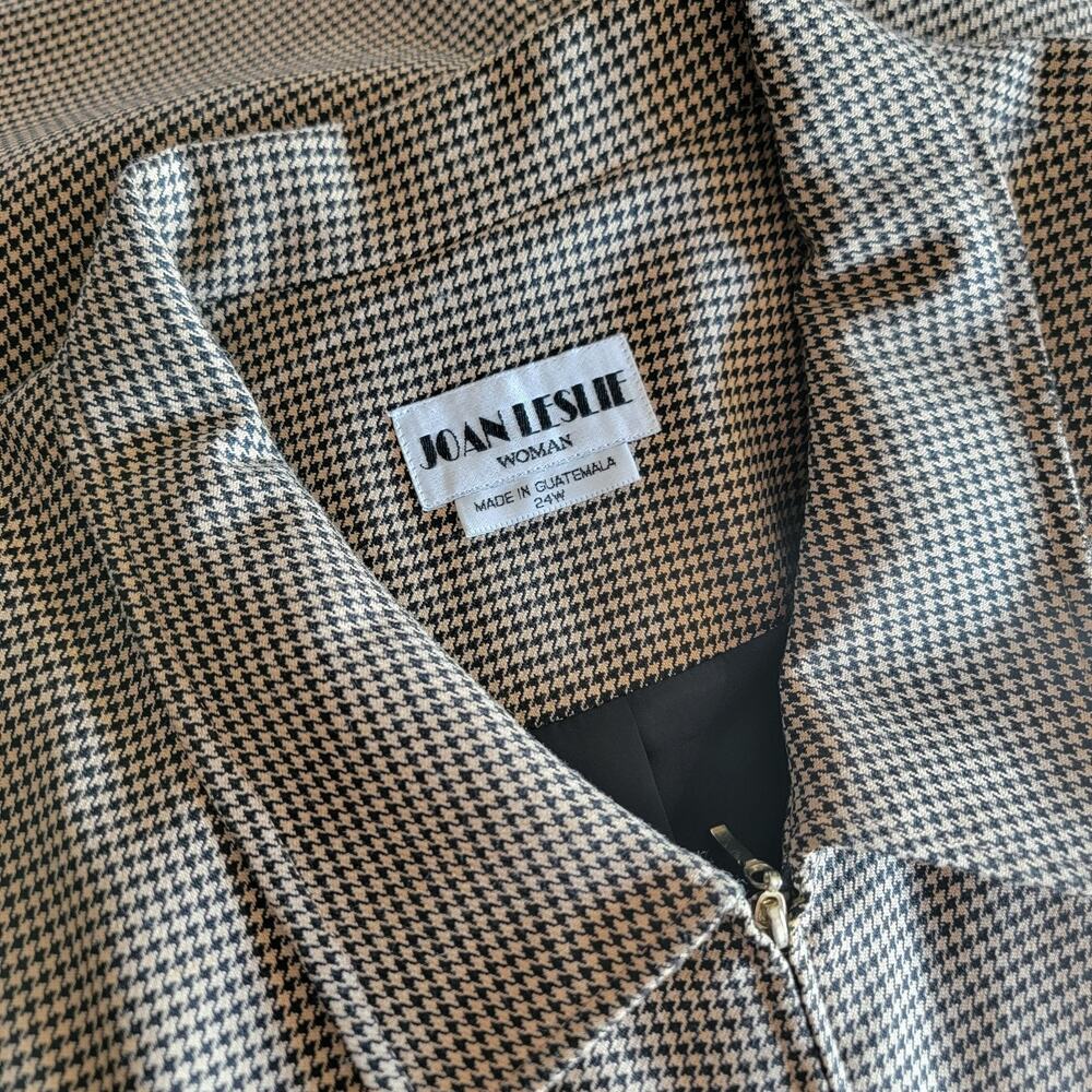 Vintage Joan Leslie Women Plus 24W Houndstooth Blazer Tan Black Shoulder Pad Zip